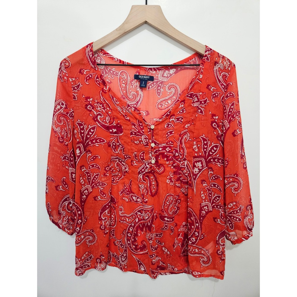 Old Navy Womens Red Paisley Chiffon Henley Blouse 3/4 Sleeve Size S Petite